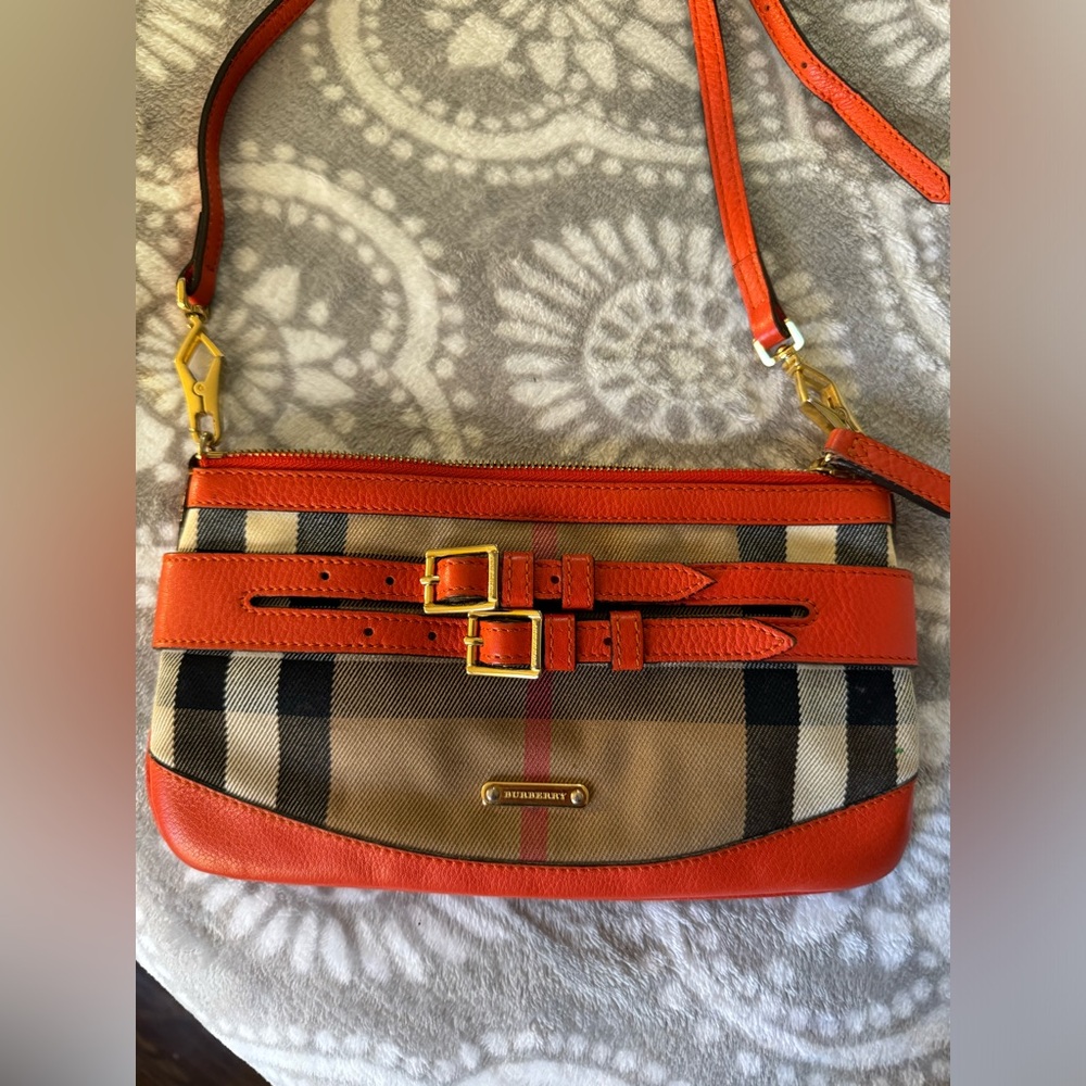 Burberry Orange/Beige House Check Canvas and Leather Bridle Peyton Crossbody Bag